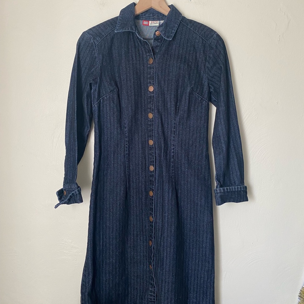 Y2K Faded Glory Button Front Shirt Dress Brushed Denim Dark Indigo Small - Picture 2 of 5
